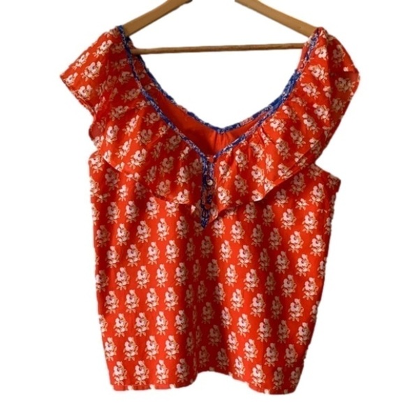 J. Crew Classic Floral Block Ruffle V Neck Orange Summer Top Size Small - Picture 16 of 16